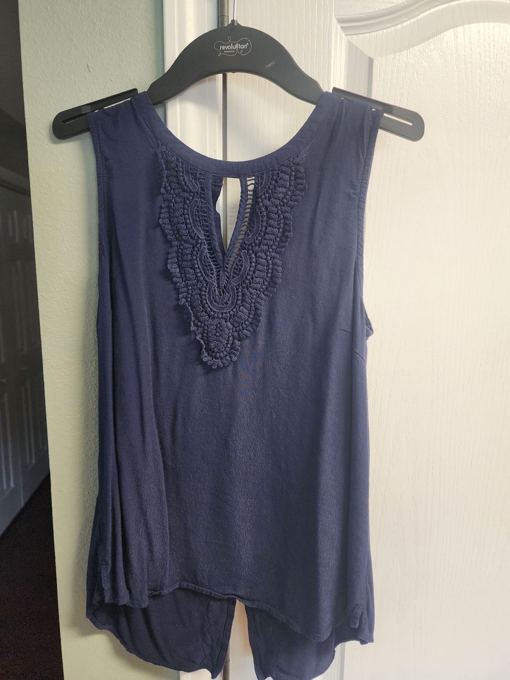 Crochet-Yoke Navy Sleeveless Women's Blouse